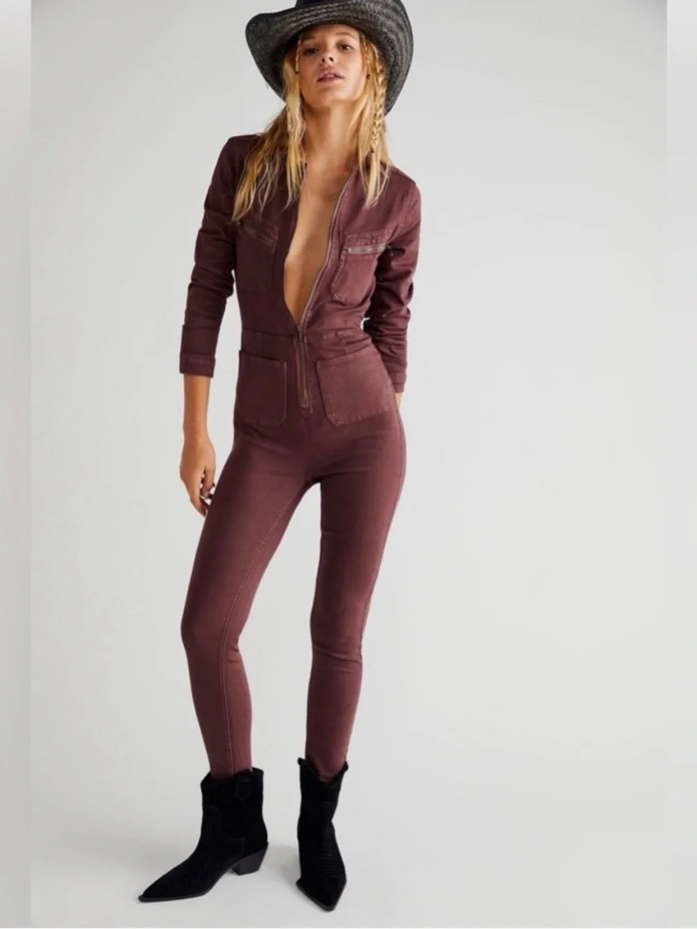 Free People Lennox Jumpsuit Sz  Small Utility Pockets Burgundy Brown Bitter Bark
